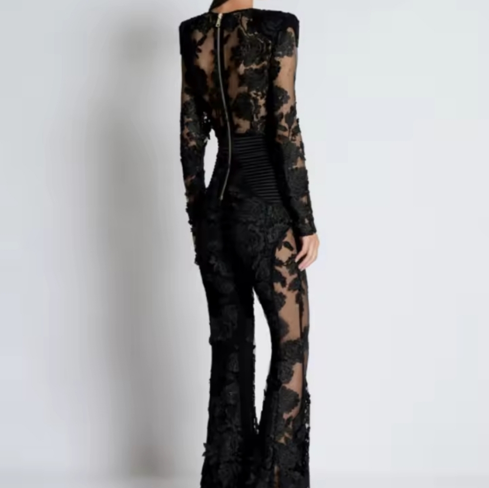 New Sexy Long Sleeve Floral Diamonds EmbroideryJumpsuit Women Black V Neck Mesh - Picture 6 of 9